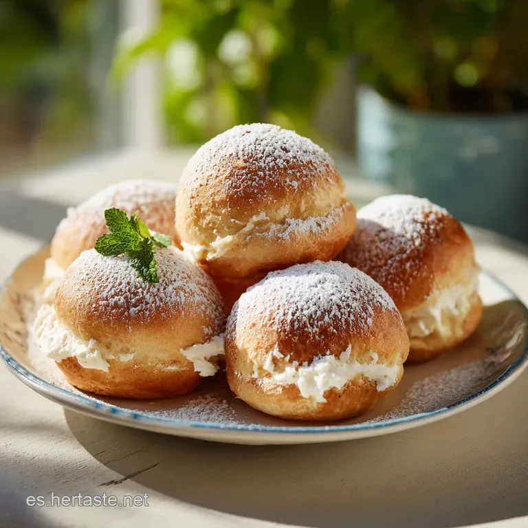 Delicate, golden cream puff pastries dusted with powdered sugar and artfully arranged on a floral plate.