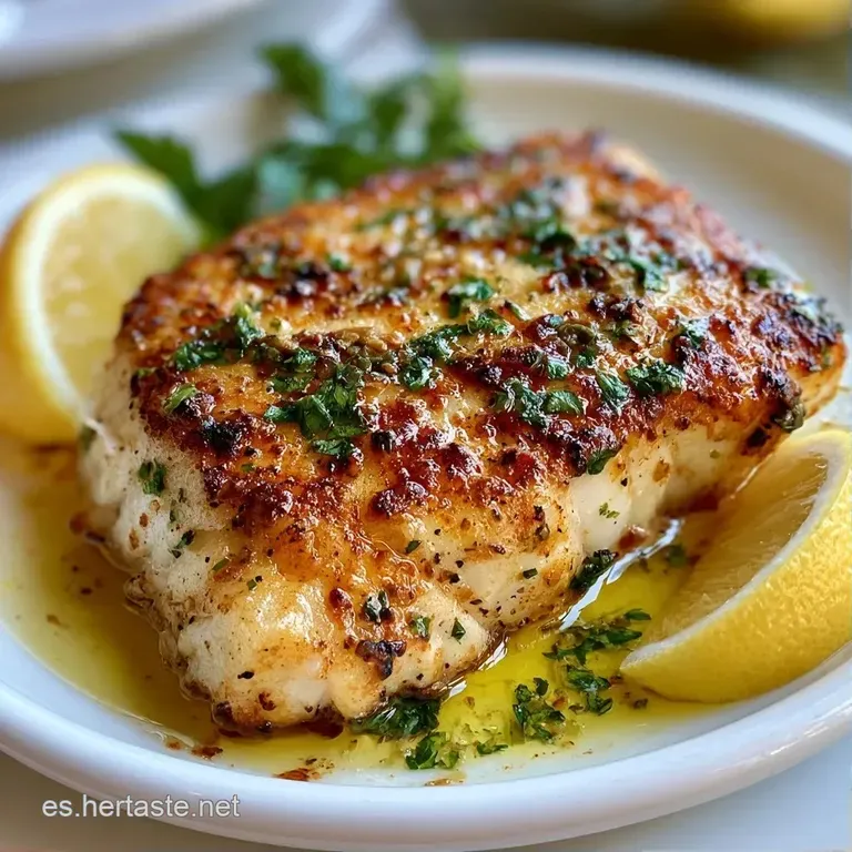 Filete dorado sobre plato blanco, adornado con gotas de aceite brillante, una rodaja de lim&oacute;n y una rama de perejil fresco.