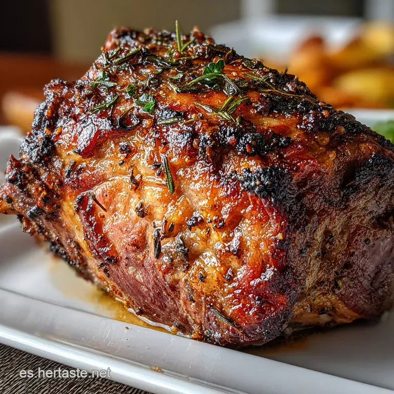 Slice of tender roasted lamb with crispy edges, plated alongside rosemary sprigs and potatoes, drizzled with rich pan sauce.