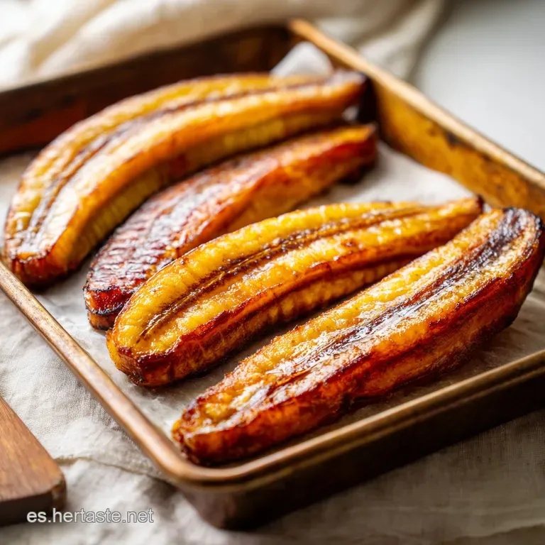 Golden caramelized plantains artfully arranged on a white plate, with a sprinkle of cinnamon and a delicate sprig of mint.