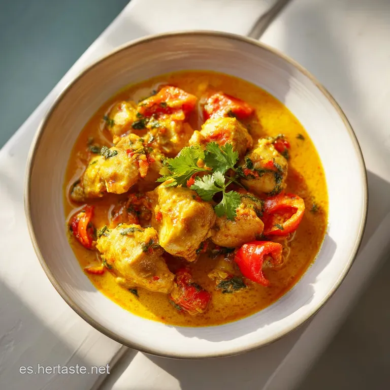 Elegant plate of creamy chicken curry with fluffy rice. Garnished with fresh cilantro leaves and a vibrant red chili slice.