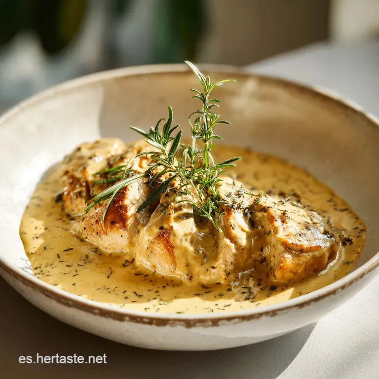 Close-up of succulent chicken in pepitoria, garnished with toasted almonds and parsley sprigs, served in a shallow bowl.