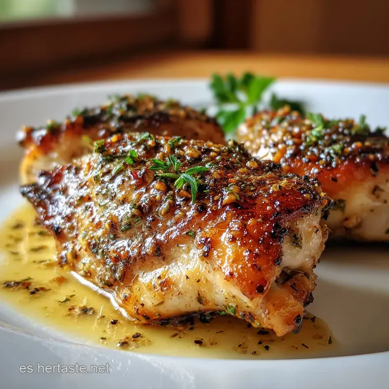 Honey mustard glazed chicken served on a white plate, garnished with parsley, next to creamy mashed potatoes and green beans.