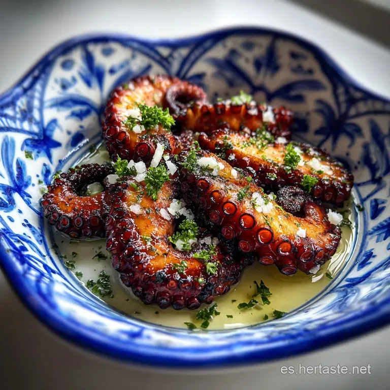 Elegant plate of tender octopus slices drizzled with oil, seasoned with paprika, and sprinkled with flaky sea salt on a wh...