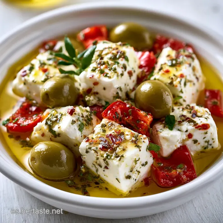 Queso feta blanco en un bol de cer&aacute;mica, rodeado de aceitunas verdes y un chorro de aceite brillante con pimienta negra.