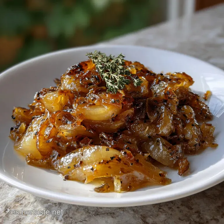 A small mound of intensely flavored, dark caramelized onions, elegantly plated, with a drizzle of olive oil, and a sprig o...