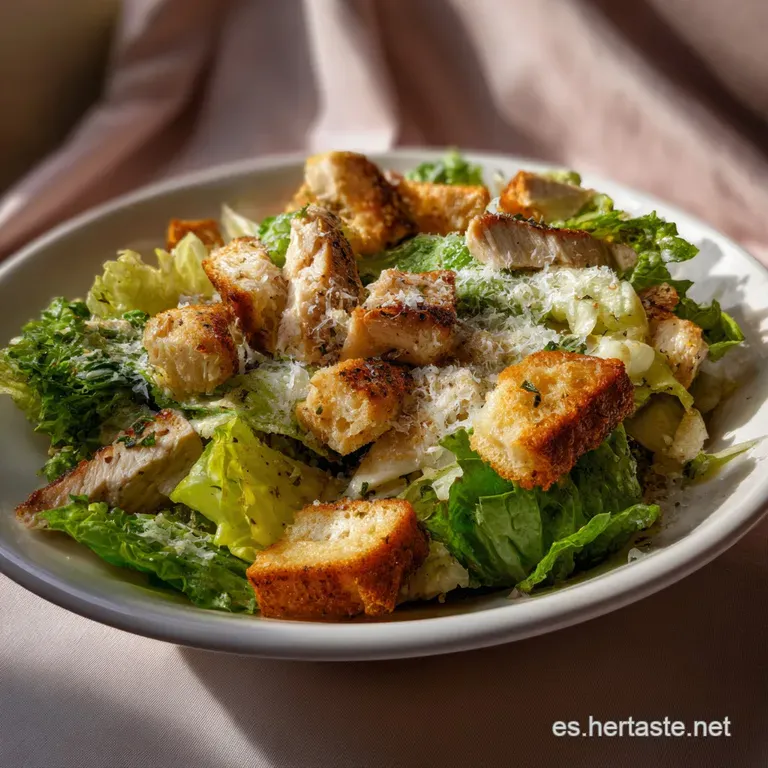 Crisp romaine lettuce and grilled chicken artfully arranged on a white plate, creamy dressing drizzled, with shaved parmesan.
