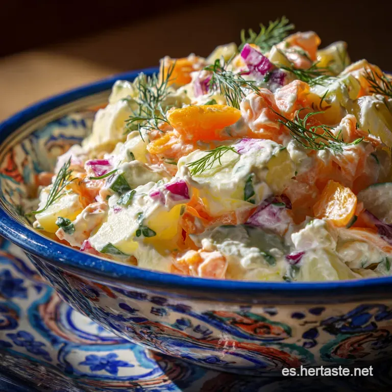 Neatly plated Russian salad with piped mayonnaise, glistening olives, and a sprinkle of fresh parsley for an elegant look.
