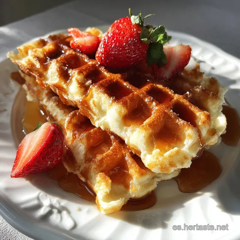 Stack of crisp, golden waffles adorned with whipped cream, fresh strawberries and a drizzle of rich, warm syrup. Sweet ind...