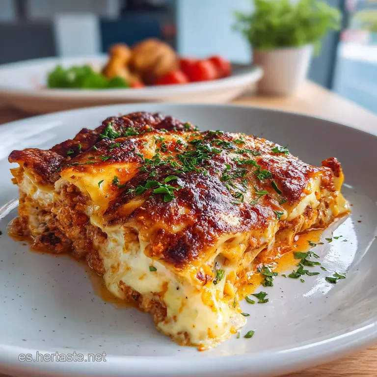 A slice of meaty lasagna on a plate, the layers distinct. Topped with melted cheese and a sprig of fresh parsley. Comfort ...