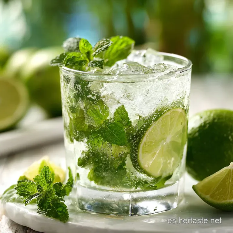 Elegant mojito: beaded condensation on glass, bright green mint sprig garnish, and a sugar-rimmed edge, inviting and cool.