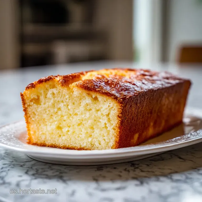 Delicate slice of golden yogurt cake on a white plate, lightly dusted with powdered sugar, suggests a soft, airy texture.