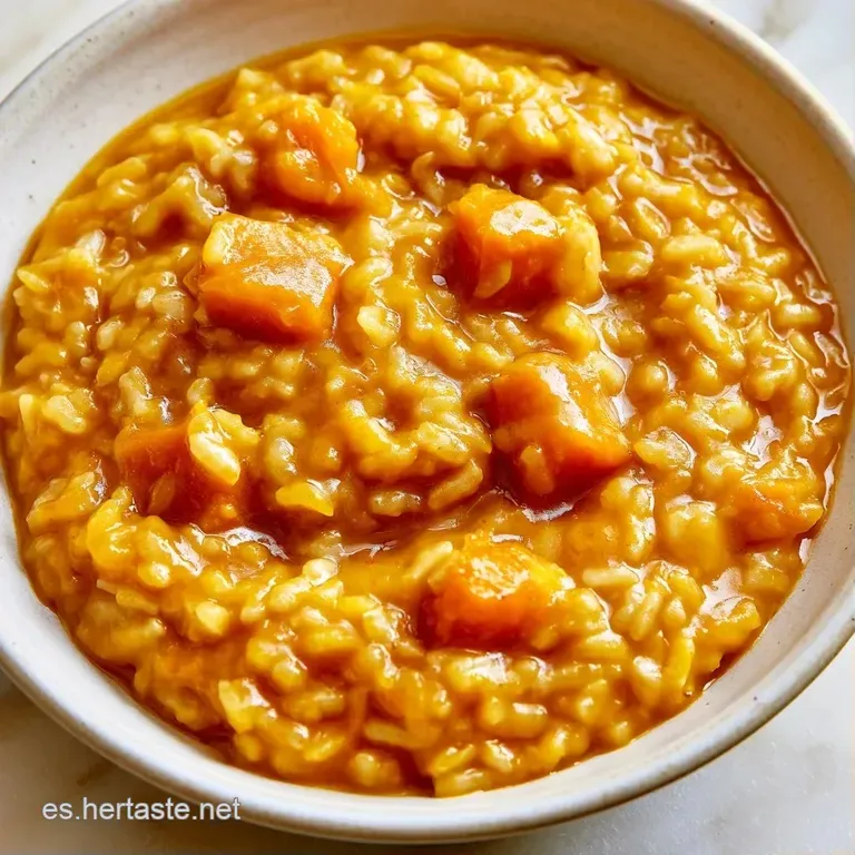 Plato hondo blanco con arroz meloso naranja, adornado con semillas tostadas y un toque de aceite brillante.