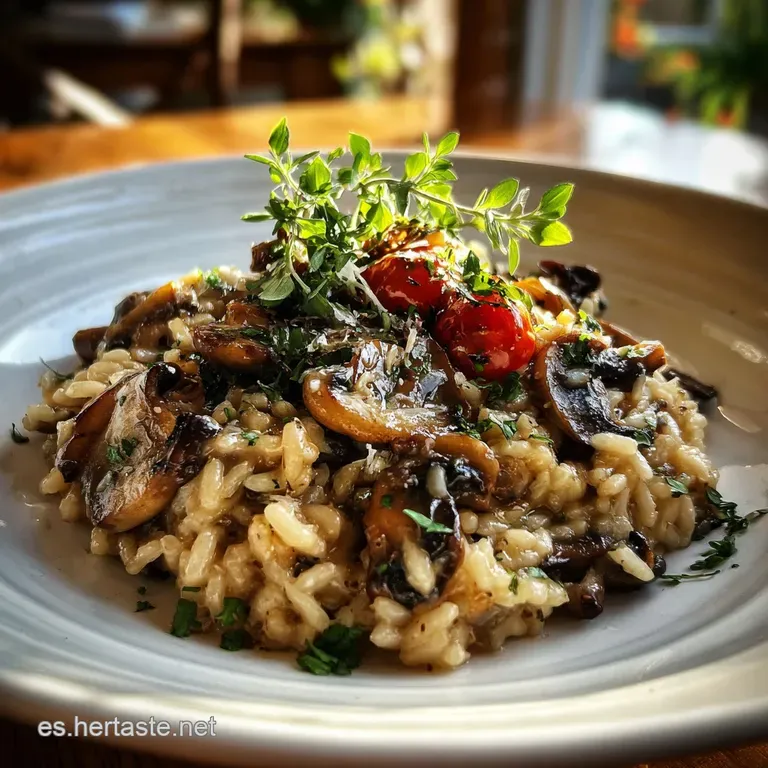Elegant plate of creamy mushroom risotto, garnished with fresh herbs and a drizzle of olive oil, ready to serve.