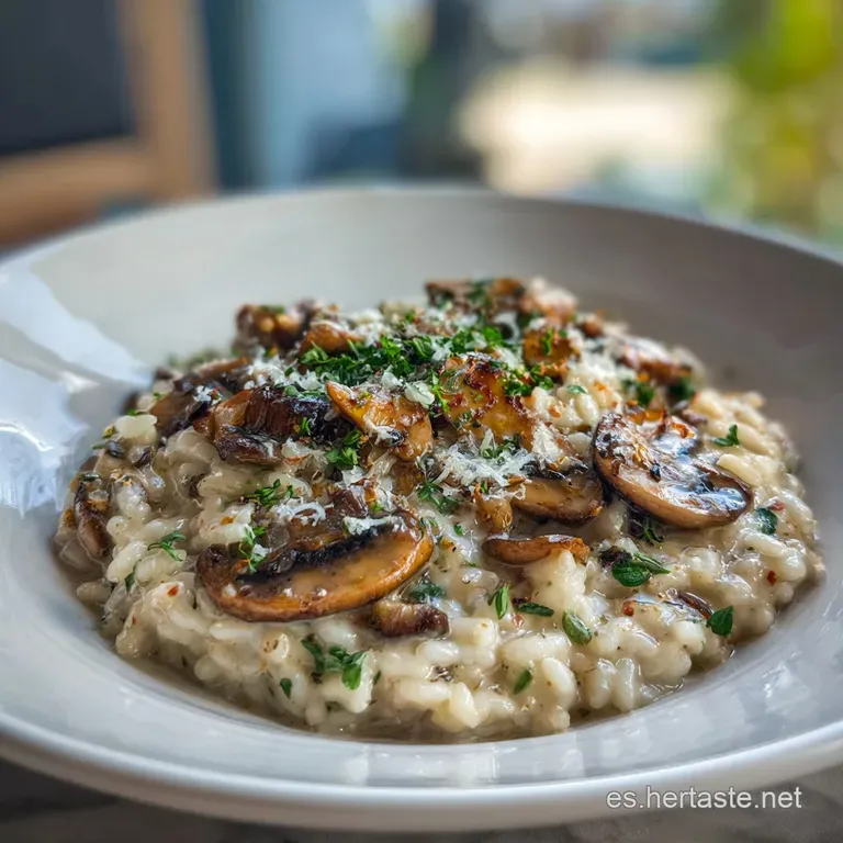Elegant plate of creamy risotto with wild mushrooms, garnished with herbs and a drizzle of olive oil. Steam rising, inviti...