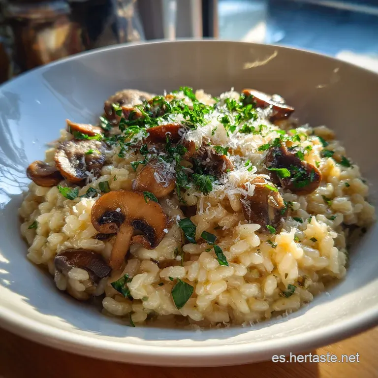 Elegant plate of creamy risotto, showcasing the tender mushrooms and a sprinkle of Parmesan. A vibrant green sprig adds a ...