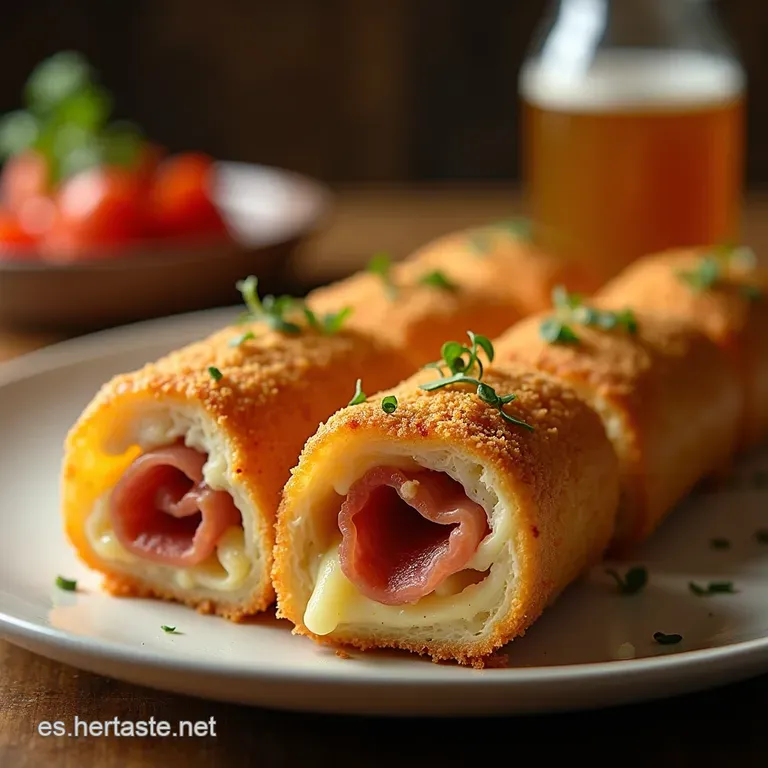 Crujientes De Ensue&ntilde;o Rollitos De Jam&oacute;n Ib&eacute;rico Y Queso Fundido Al Panko presentation