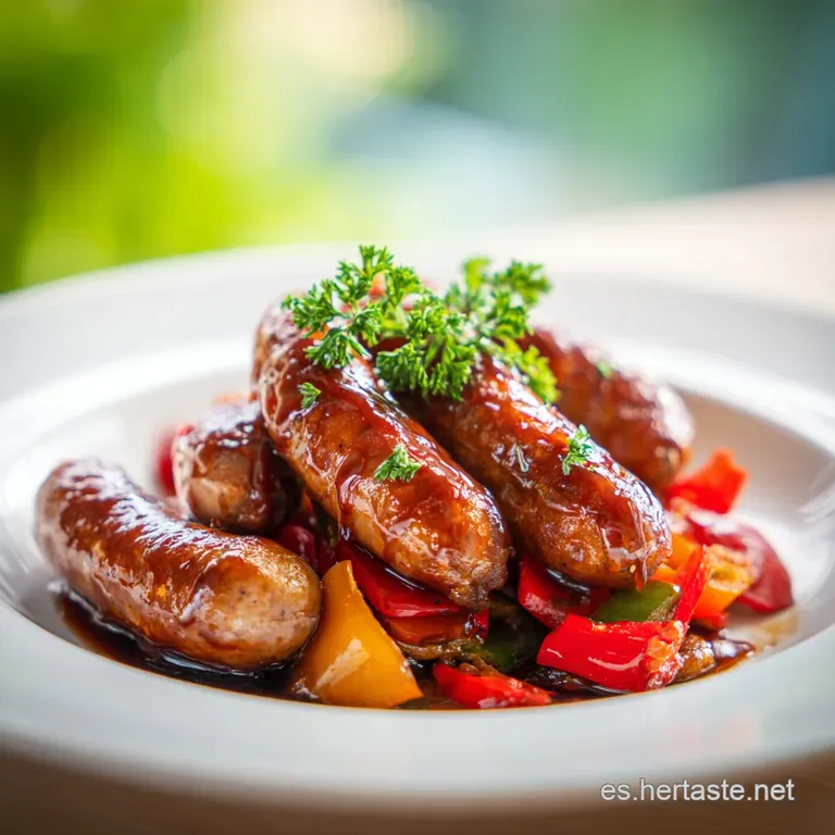 Plated sausages glazed with a rich, dark sauce, garnished with fresh herbs. Steam subtly rises, promising a flavorful bite.