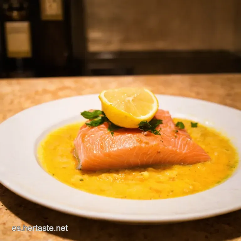 Salm&oacute;n Crujiente Al Lim&oacute;n Y Mantequilla Avellana Con Patatas Doradas presentation