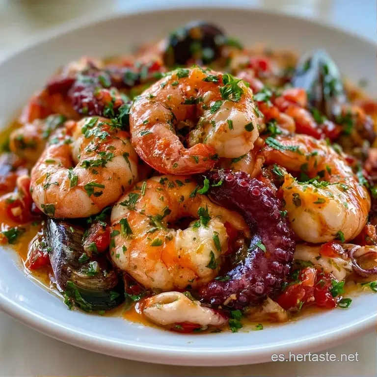 Montaje sofisticado de mariscos frescos con hilos de aceite brillante, perejil verde picado y gotas de lim&oacute;n c&iacute;trico.