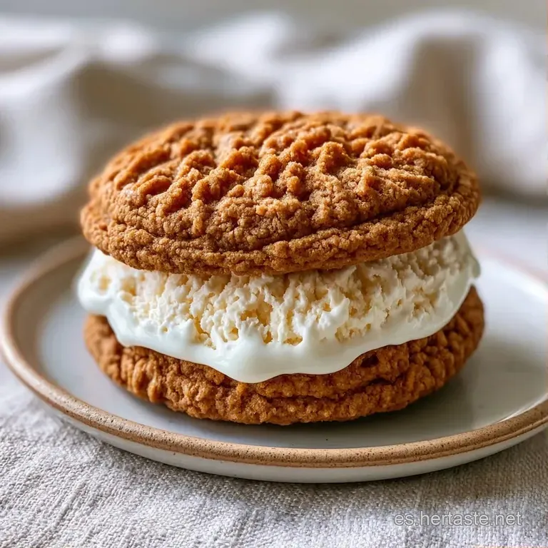 Galletas redondas y tostadas sosteniendo helado cremoso, servidas sobre un plato blanco minimalista con gotas de chocolate.