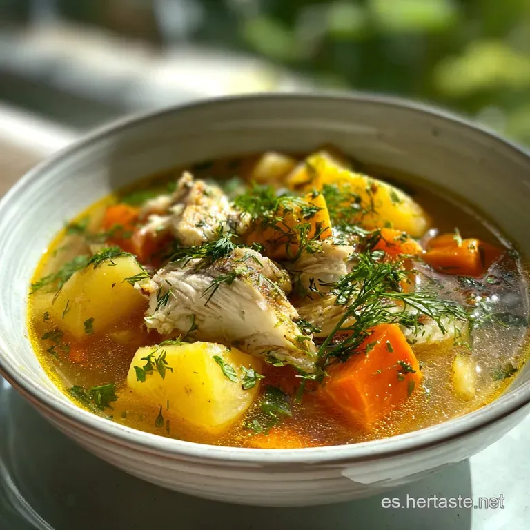 Elegant white bowl filled with steaming, golden-hued sopa de pescado, garnished with fresh herbs, ready to be enjoyed.