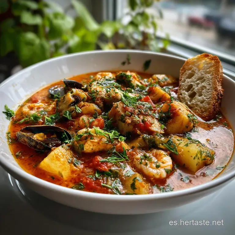 Glossy seafood stew with bright mussels and shrimp, artfully ladled into a white bowl, topped with a sprig of fresh herbs.