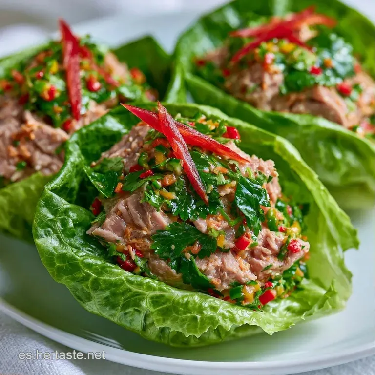 Tres tacos de lechuga crujiente dispuestos en un plato blanco, decorados con semillas de sésamo y cilantro fresco.