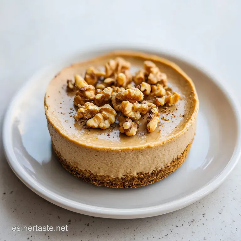 Porci&oacute;n triangular de pastel caf&eacute; cremoso adornada con nueces enteras y un toque de canela sobre un plato cer&aacute;mico.