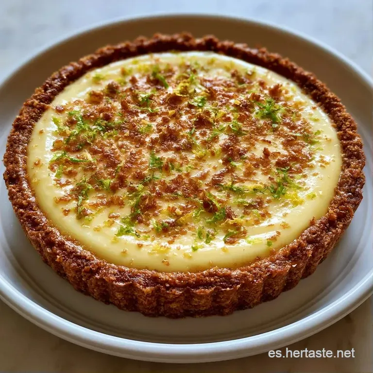 Porci&oacute;n triangular de crema c&iacute;trica suave sobre costra crujiente en plato blanco, decorada con menta y ralladura.