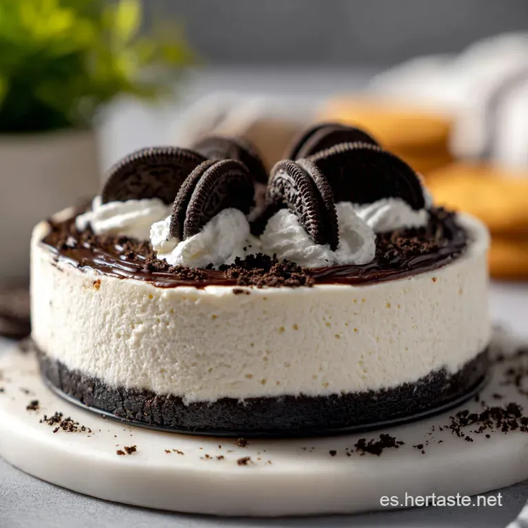 Slice of no-bake Oreo tart with defined layers on a white plate, garnished with whole cookies and chocolate shavings, invi...