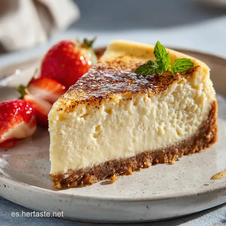 Slice of creamy cheesecake on a white plate, topped with fresh whipped cream and a sprig of mint. Simple elegance.