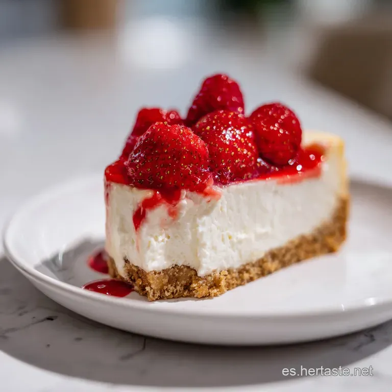 Slice of cheesecake with a velvety smooth interior, resting on a dark slate plate with berry garnish.