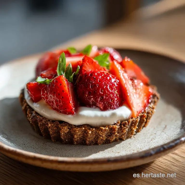 Slice of layered strawberry tart with a spiced cookie crust, garnished with fresh mint and drizzled glaze on white plate.