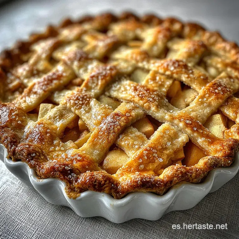 Rustic apple tart slice with cinnamon dusting and powdered sugar drizzle on a white plate, paired with a fork.