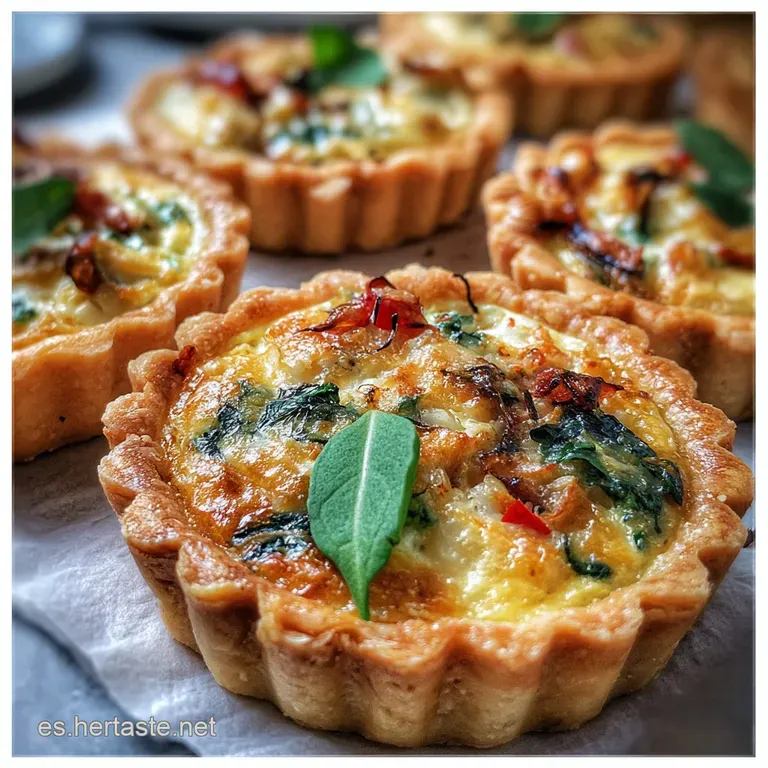 Elegant tartlet arrangement on a white plate: flaky, browned pastry shells filled with a smooth, light-colored mixture and...