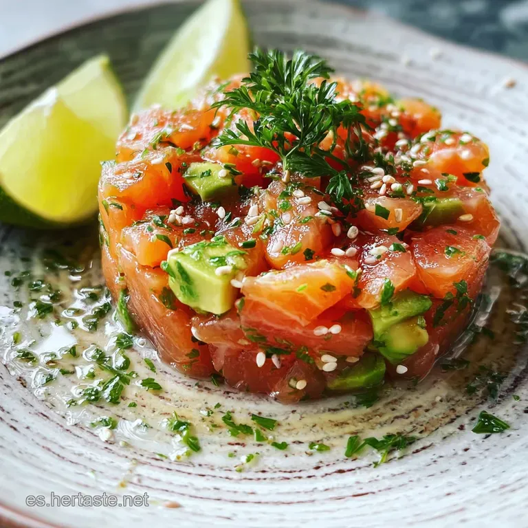 Salmon tartar elegantly plated. Rosettes of salmon, cubes of avocado, & microgreens offer a fresh, vibrant, & refined look.
