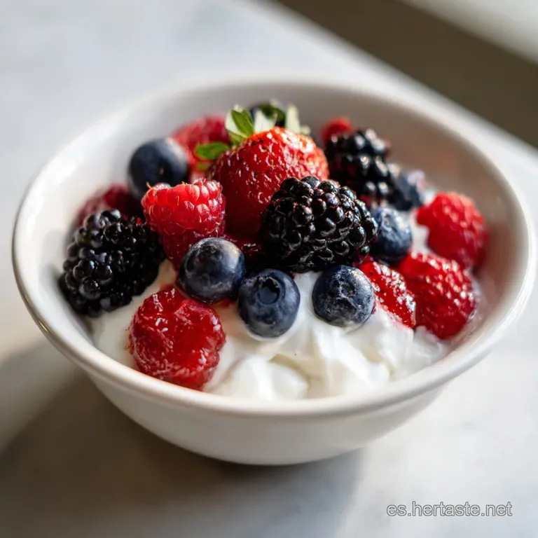 Elegant yogurt parfait in a tall glass. Layers of creamy yogurt, colorful berries, crunchy nuts, and drizzles of golden ho...