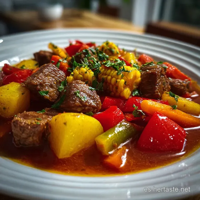 Elegant plate showcasing tender beef with bright garden vegetables and perfectly browned potatoes in a glossy, flavorful s...