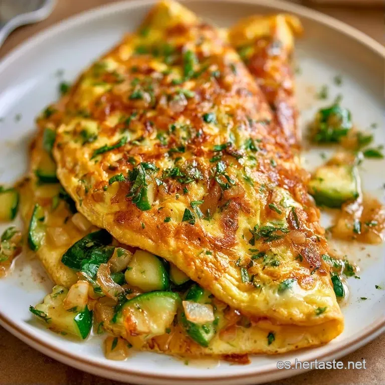 Porción triangular de tortilla dorada sobre plato cerámico, adornada con una ramita de perejil fresco y aceite brillante.