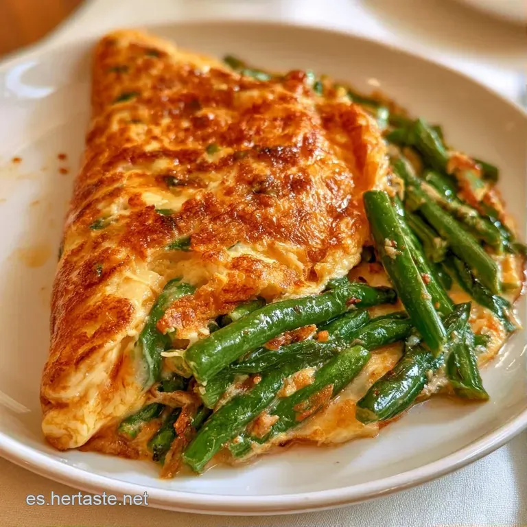 Porción triangular de tortilla esponjosa con judías verdes, servida en plato de cerámica con un toque de perejil fresco.