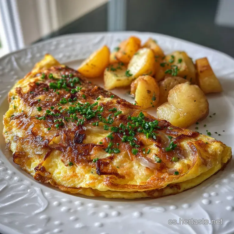 Wedge of a rustic potato and onion tortilla, showcasing creamy, pale-yellow layers alongside a small green salad. Simple, ...