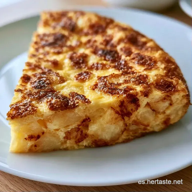 Porción triangular de tortilla esponjosa que muestra capas de patata tierna, servida en plato blanco con una hoja verde.
