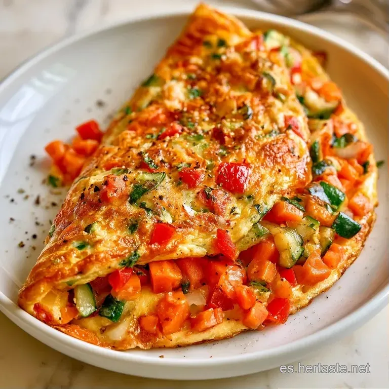 Cuña de tortilla esponjosa sobre plato blanco, decorada con una hoja de perejil fresco y gotas de aceite brillante.
