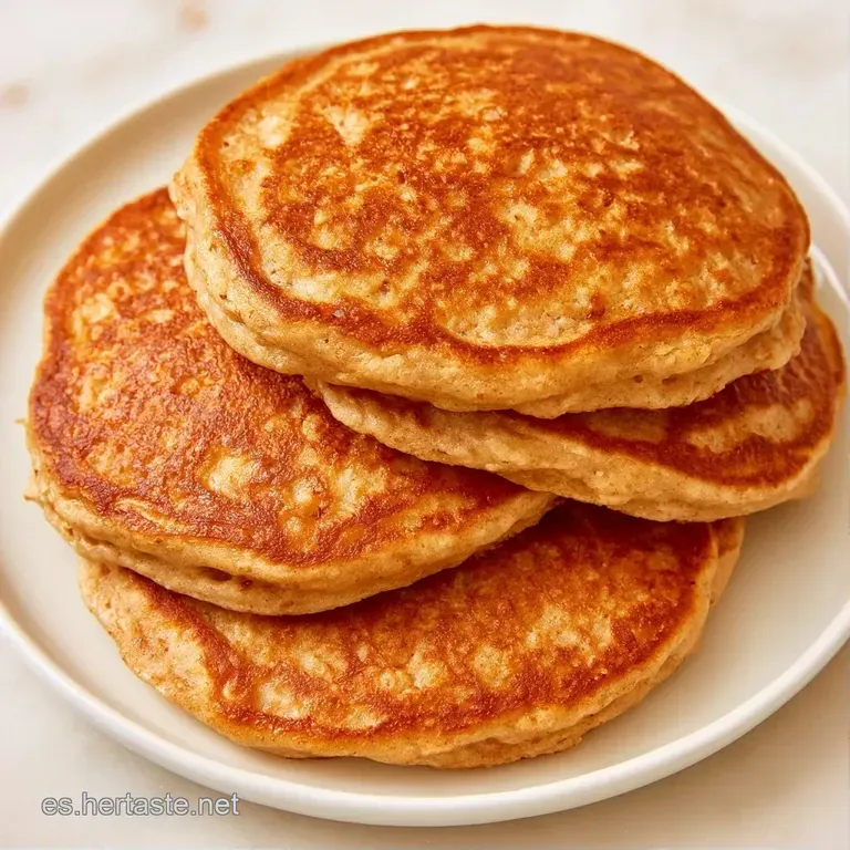 Tortitas esponjosas sobre plato blanco, adornadas con frutos rojos, miel espesa y una hoja de menta verde vibrante.