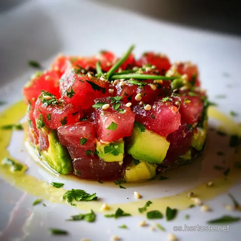 Elegant tuna tartare: Ruby red tuna, creamy avocado, and crisp wontons artfully arranged on a bright white plate.