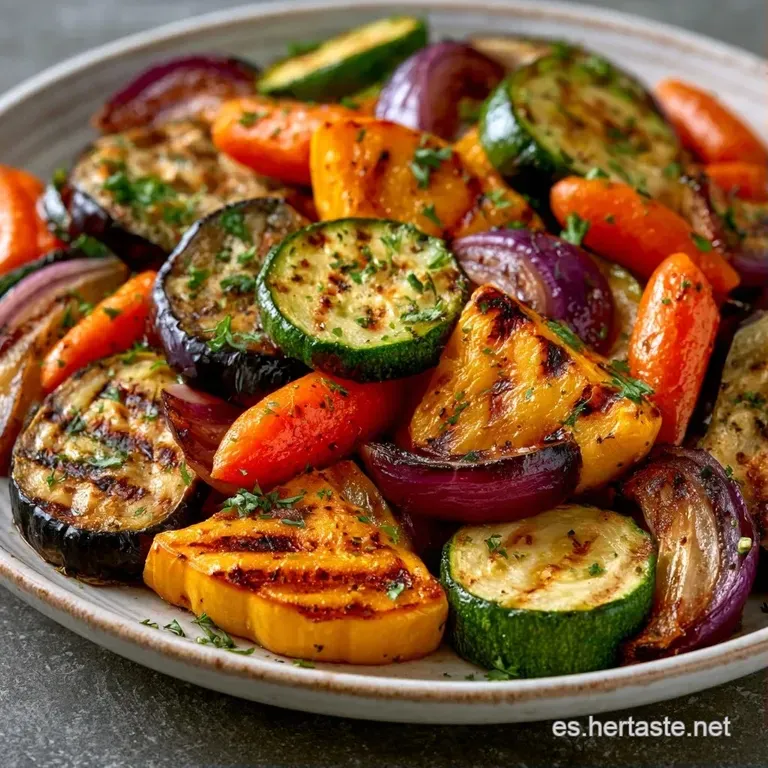 Vegetales caramelizados dispuestos armoniosamente en plato blanco, resaltando texturas suaves y gotas de aceite dorado.