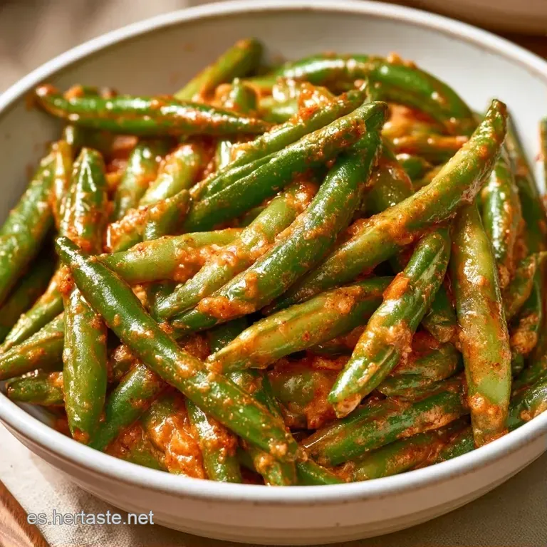 Judías verdes crujientes dispuestas en un plato blanco, resaltando el verde intenso y el brillo del aliño emulsionado.