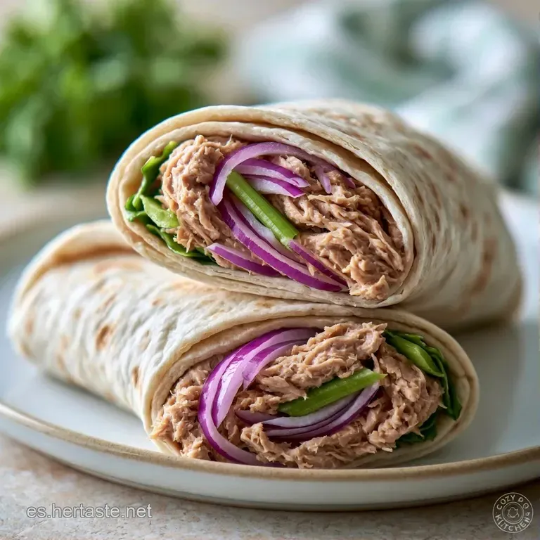 Dos wraps enrollados sobre un plato cer&aacute;mico, adornados con hojas verdes frescas y un toque de pimienta negra molida.