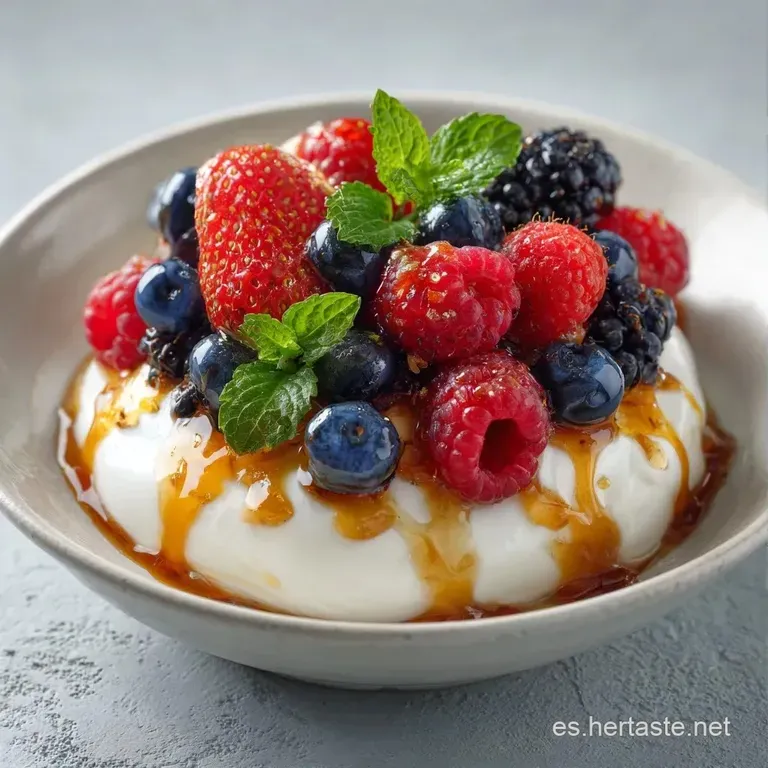Cremoso yogur blanco en copas de cristal, adornado con frutos rojos jugosos y una hoja de menta verde muy fresca.
